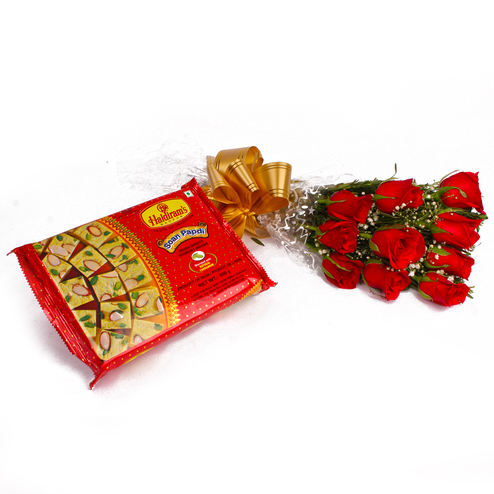 Soan Papadi Box with Lovely Ten Red Roses Bunch