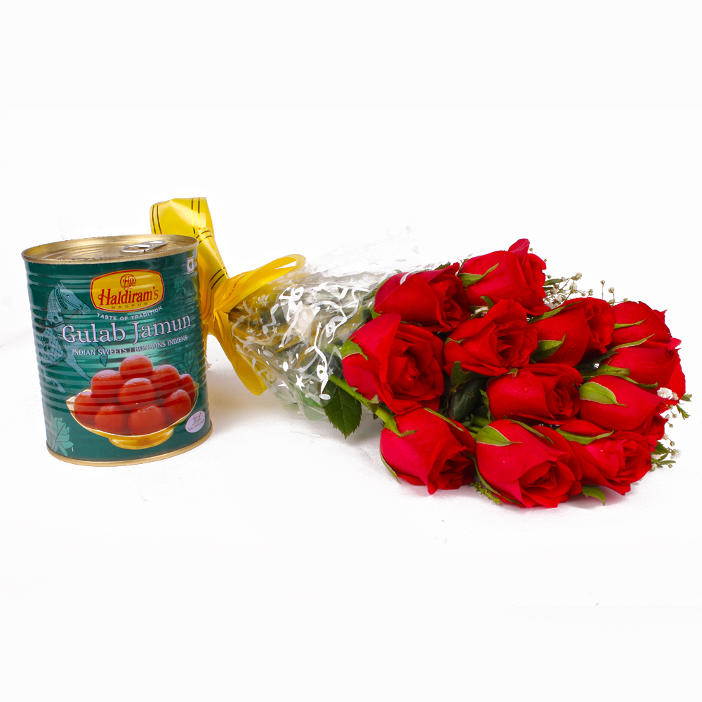 Dozen Red Roses Bunch with Pack of Gulab Jamuns
