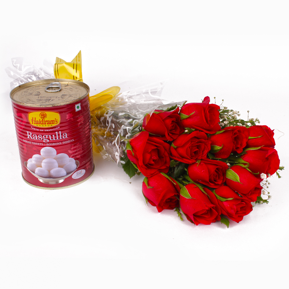One Kg Rasgulla with Dozen Red Roses Bunch