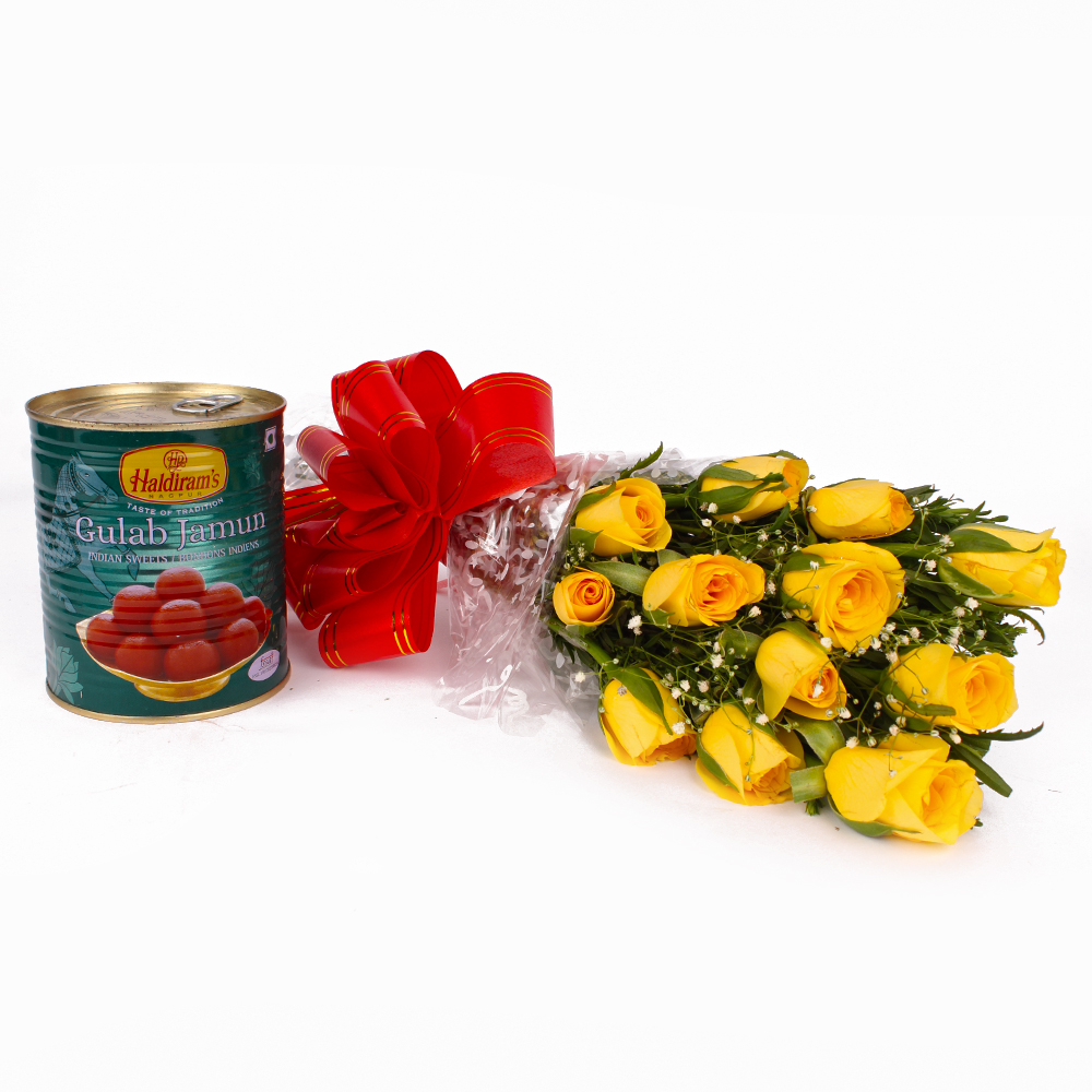 Fresh Twelve Yellow Roses Bouquet with Pack of Gulab Jamuns Sweet