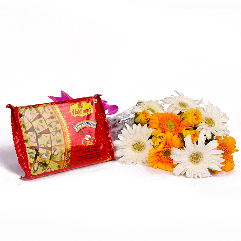 Bouquet of Roses and Gerberas with Pack of Soan Papdi Sweets