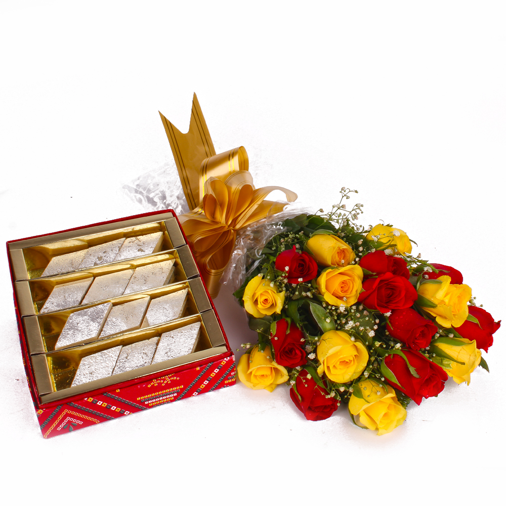 Bunch of Eighteen Red and Yellow Roses with Kaju Katli Sweet Box