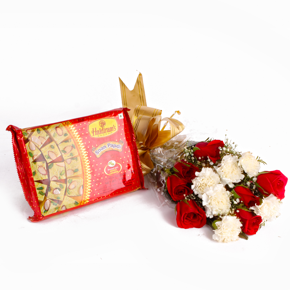 Soan Papadi Box with Bouquet of Roses and Carnations Combo