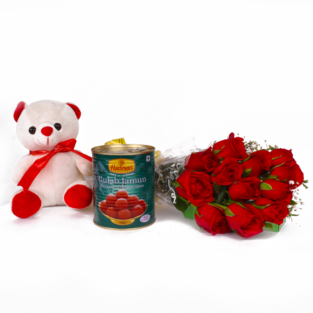 Combo of Red Roses and Teddy Bear with Gulab Jamun Sweets
