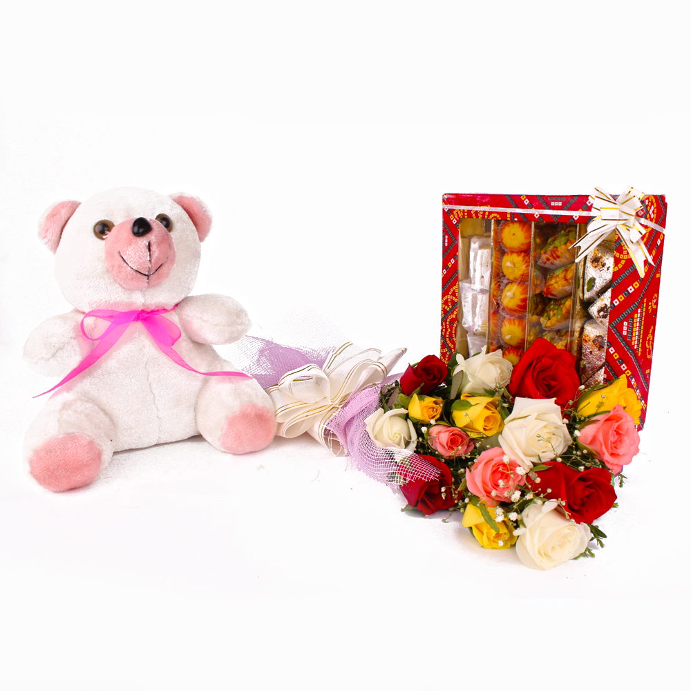 Bunch of 15 Colorful Roses with Teddy Bear and Assorted Sweets