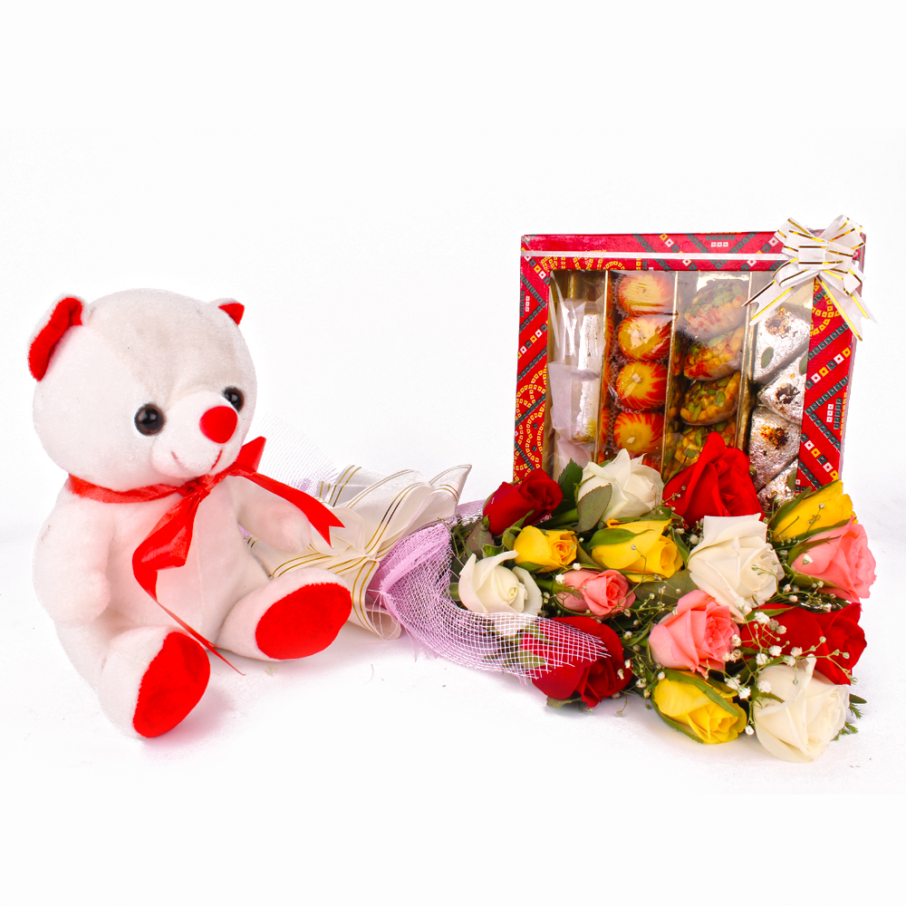 Cute Teddy Bear and Bouquet of 15 Colorful Roses with Box of Mix Sweets