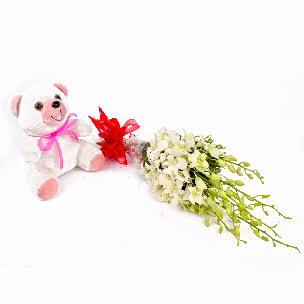 White Orchids Bouquet with Cute Teddy Bear