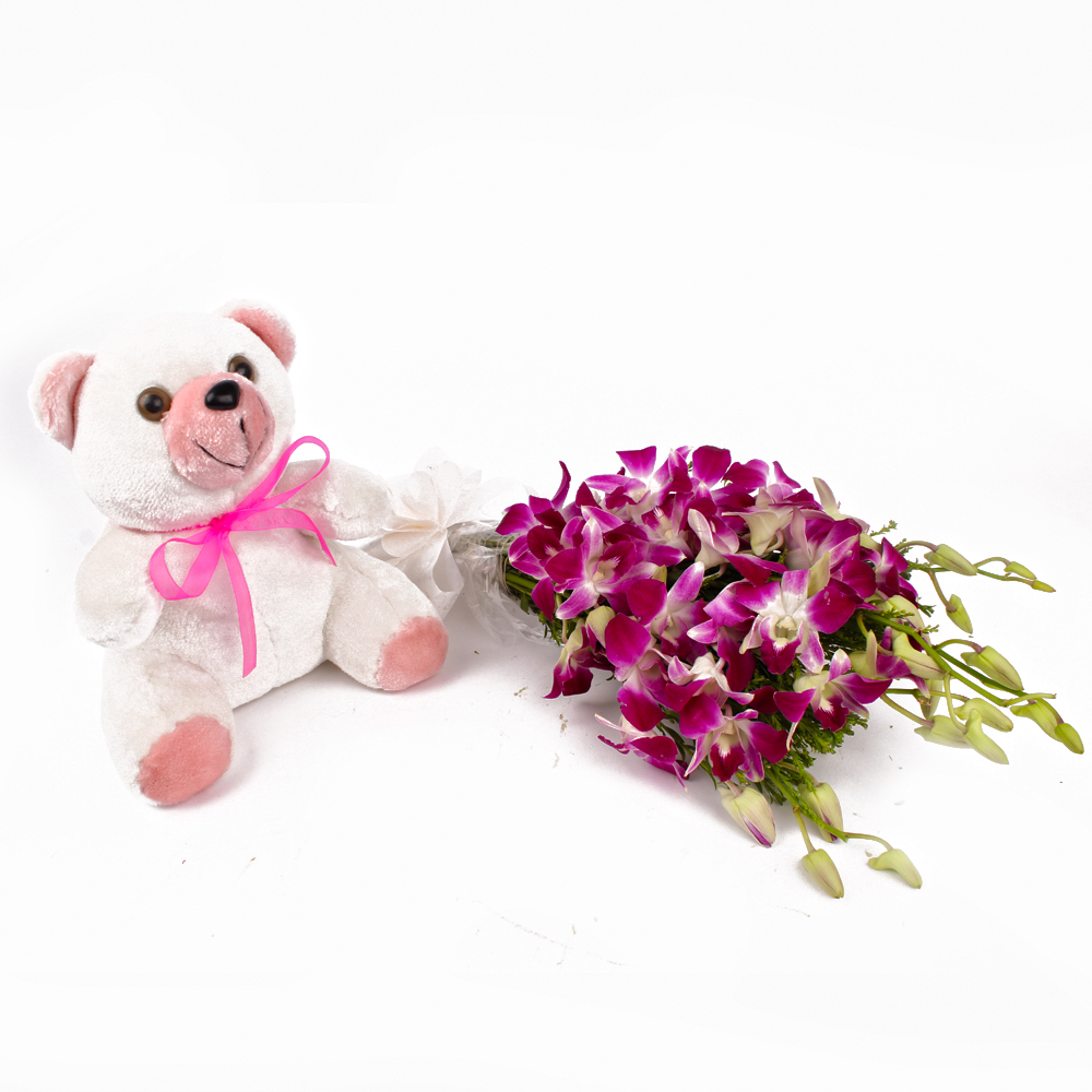 Bouquet of Purple Orchids with Teddy Bear