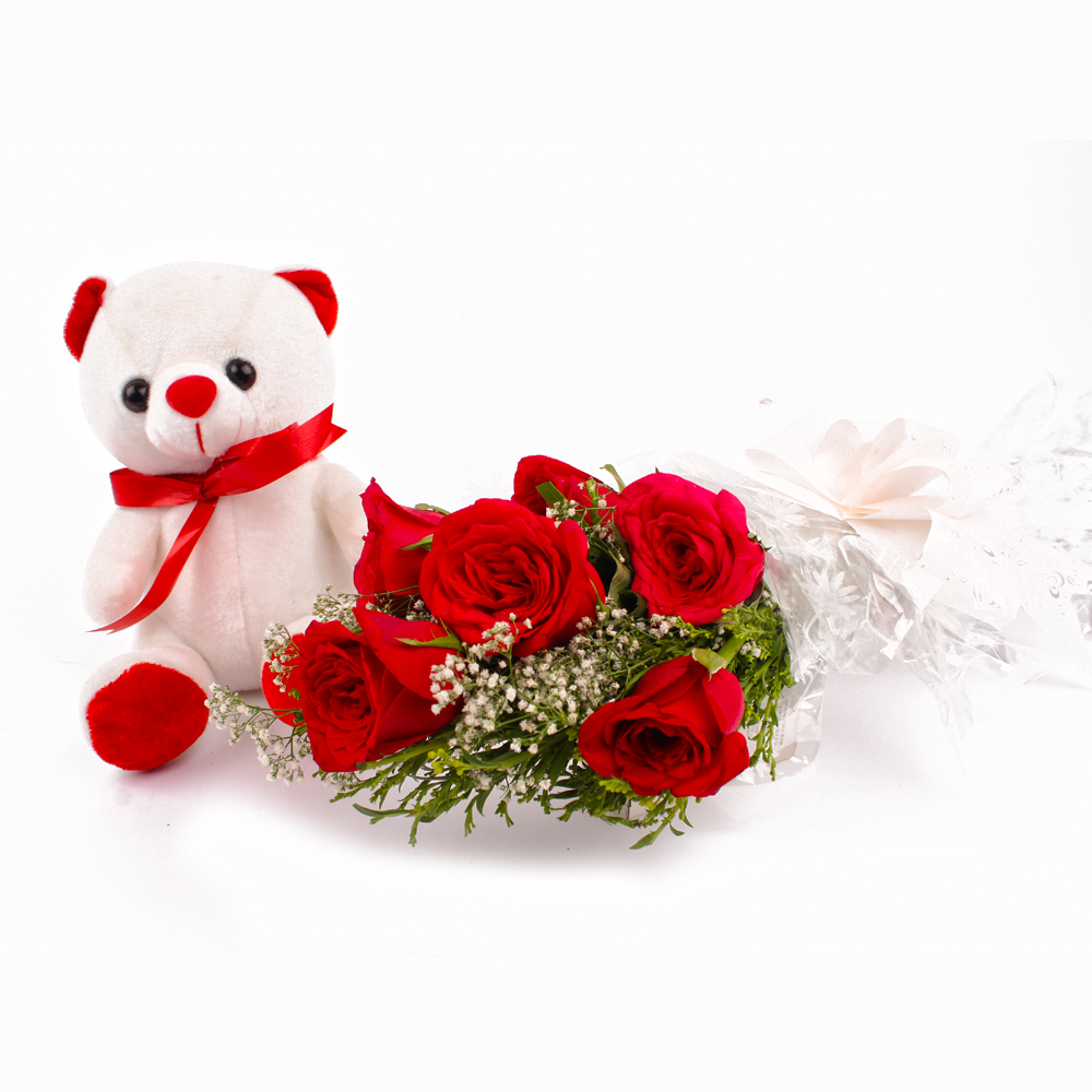 Bouquet of Six Red Roses and Teddy Soft Toy