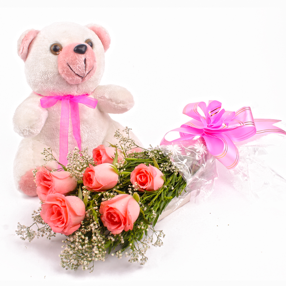 Hand Tied Six Pink Roses and Teddy Bear