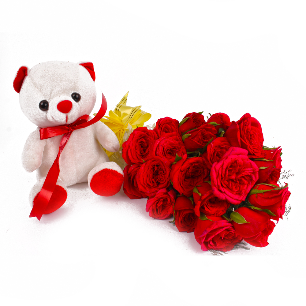 Teddy and Red Roses with Cellophane Wrapping