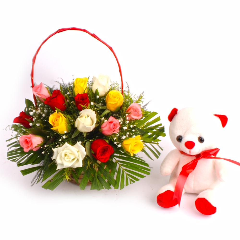 Teddy Bear with Lovely Mix Roses Basket