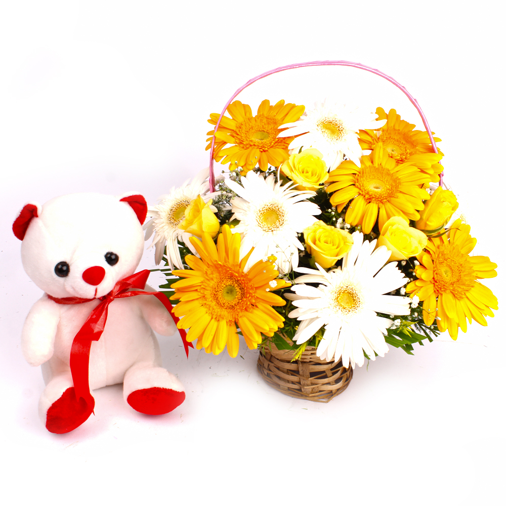 Basket of Lovely Yellow and White Flowers with Teddy Bear