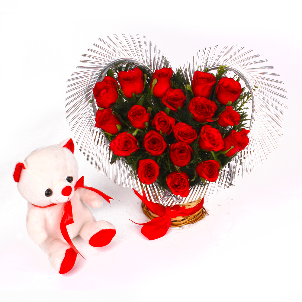 Heart Shape Arrangement of Red Roses with Cute Teddy Bear