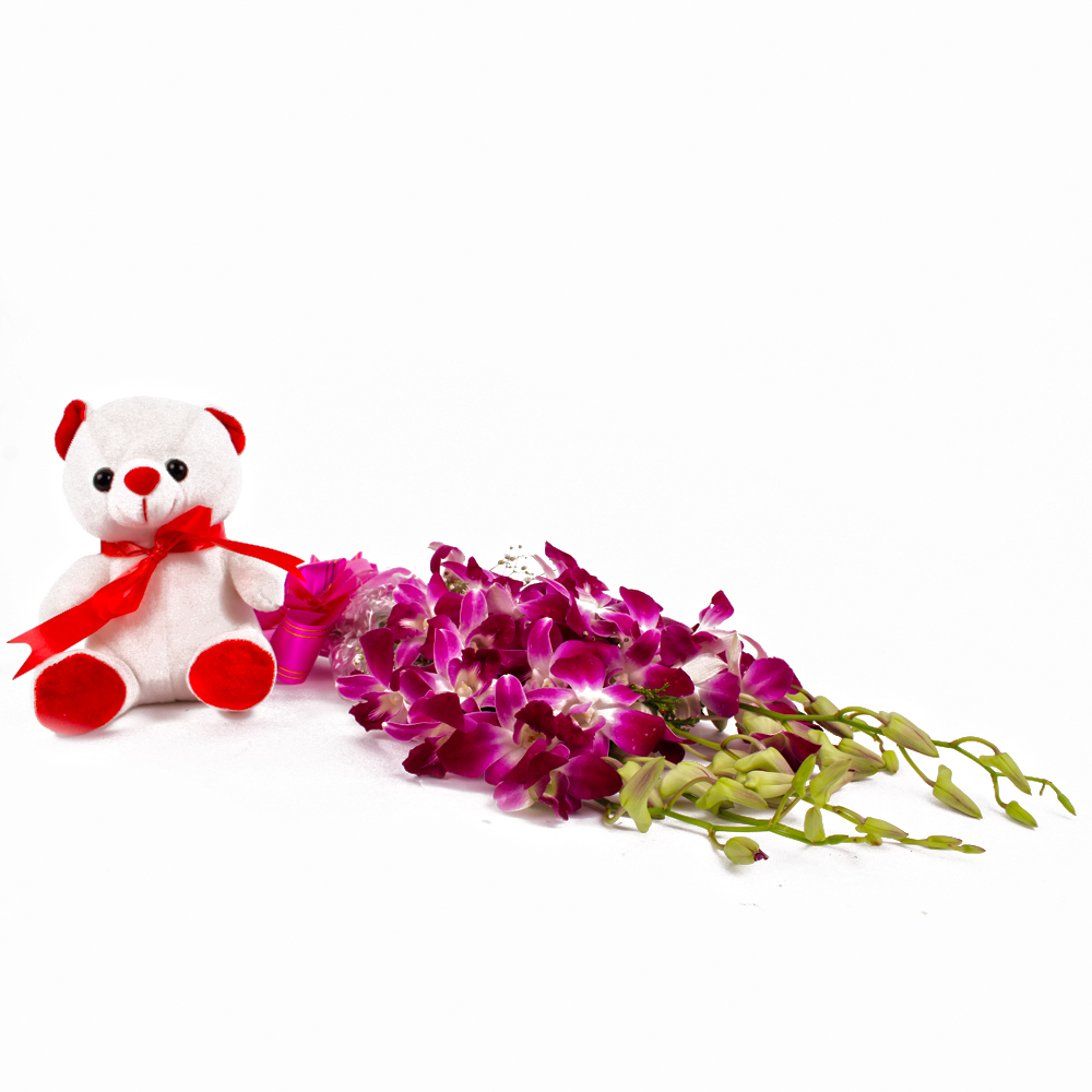 Six Purple Orchids Bouquet with Six Inches Teddy Bear