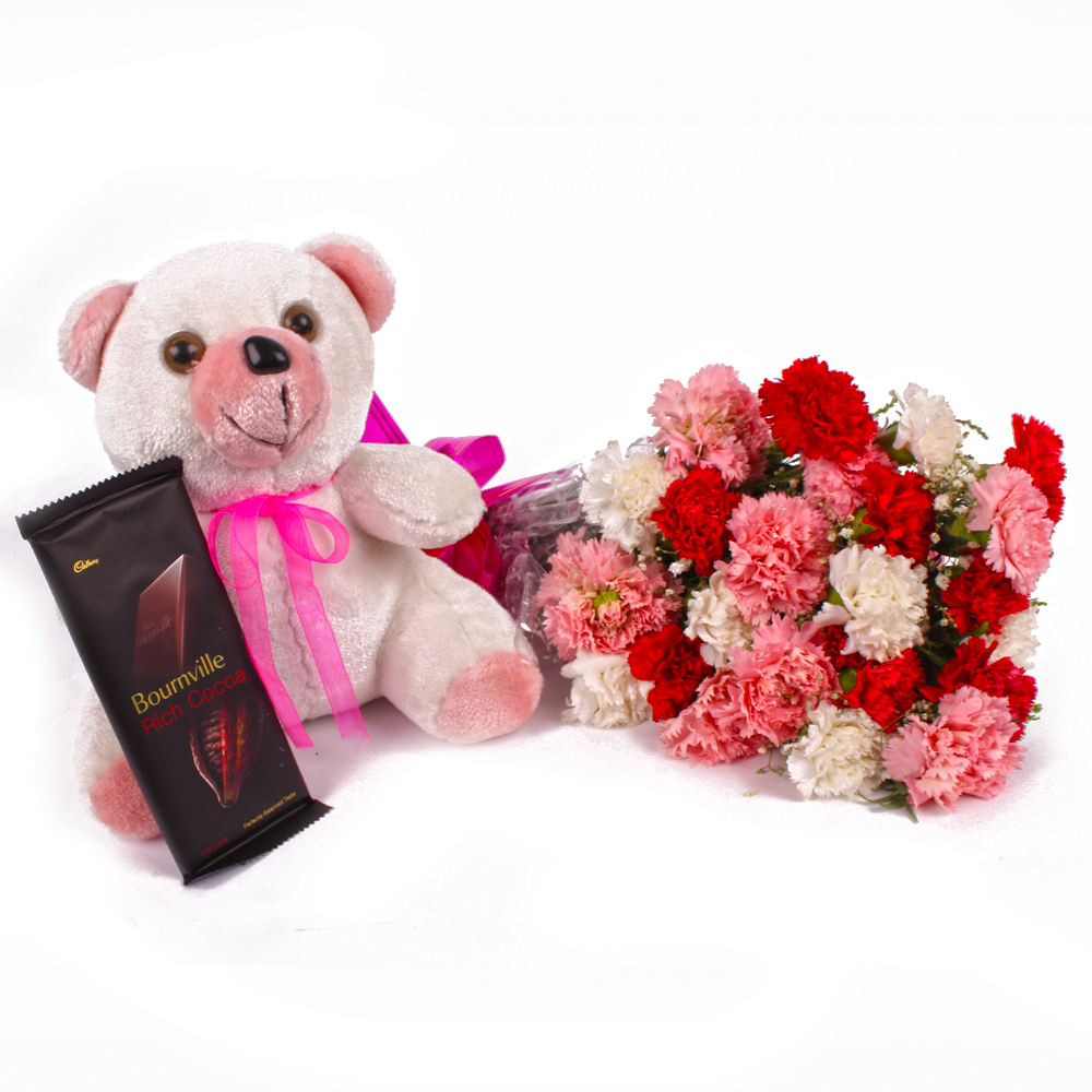 Cute Teddy Bear with Carnations Bouquet and Bournville Chocolate Bar