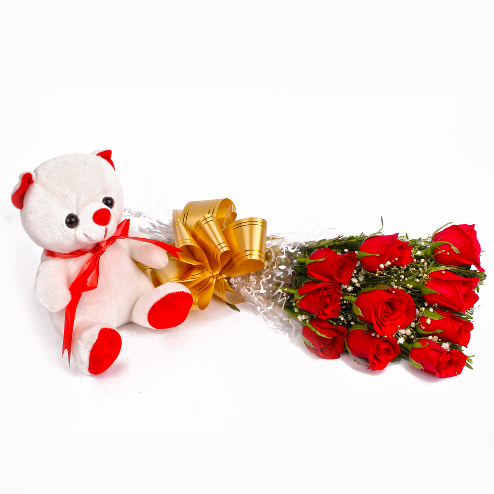 Cute Teddy Bear with Bunch of Ten Red Roses