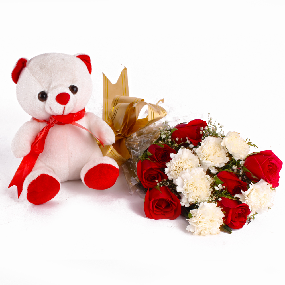 Combo of Teddy with Red Roses and White Carnations