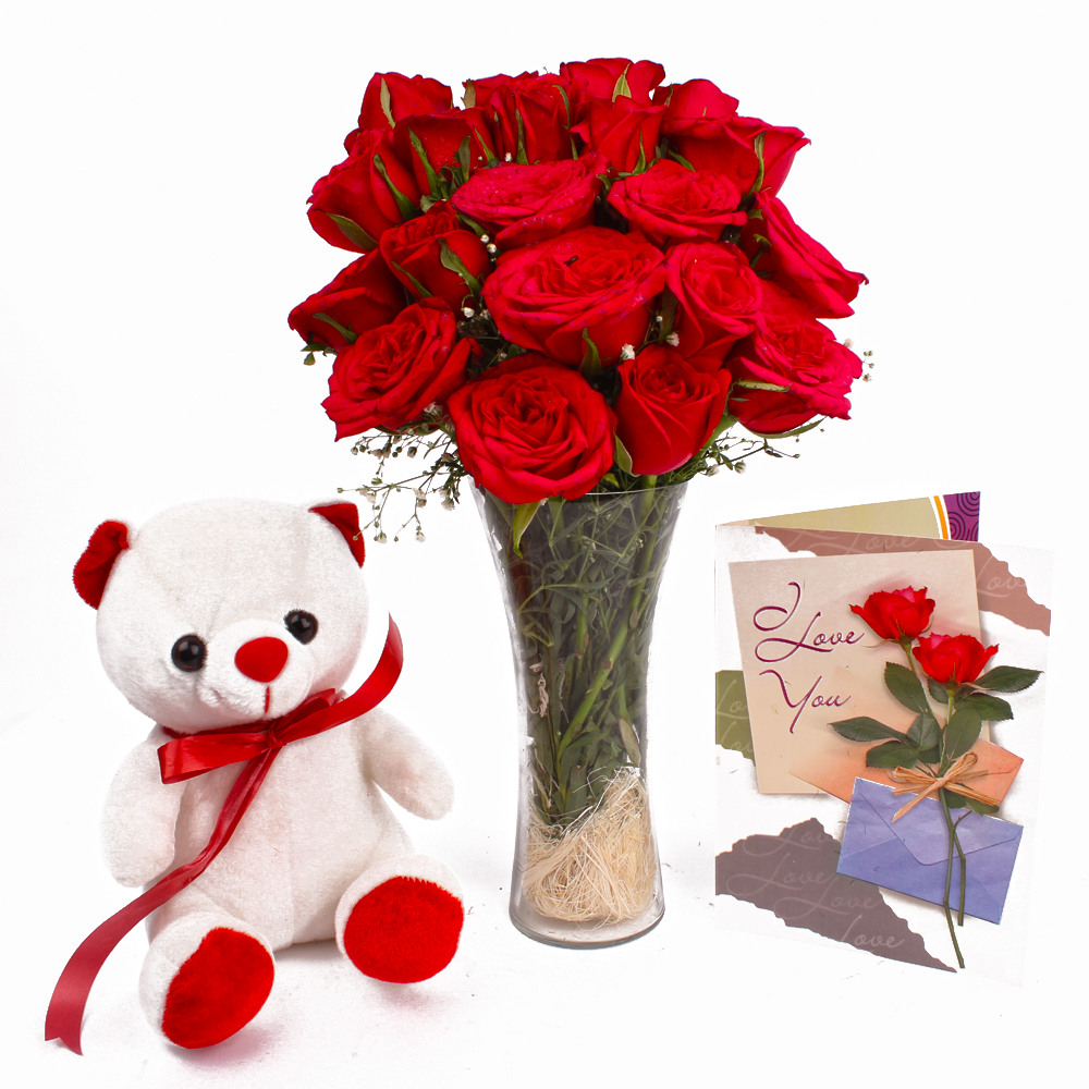 Cute Teddy with Red Roses Vase and Greeting Card Combo