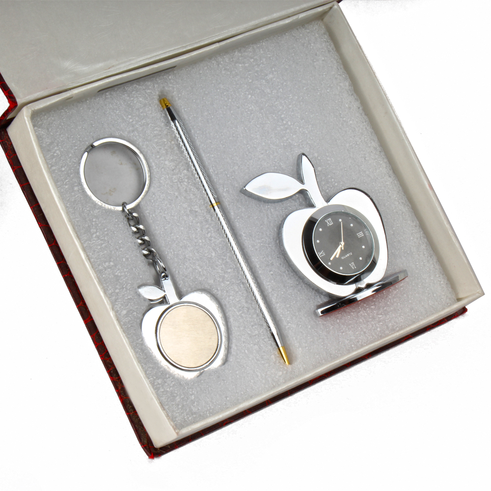 Silver Plated Pen and Keychain With Apple Shaped Clock