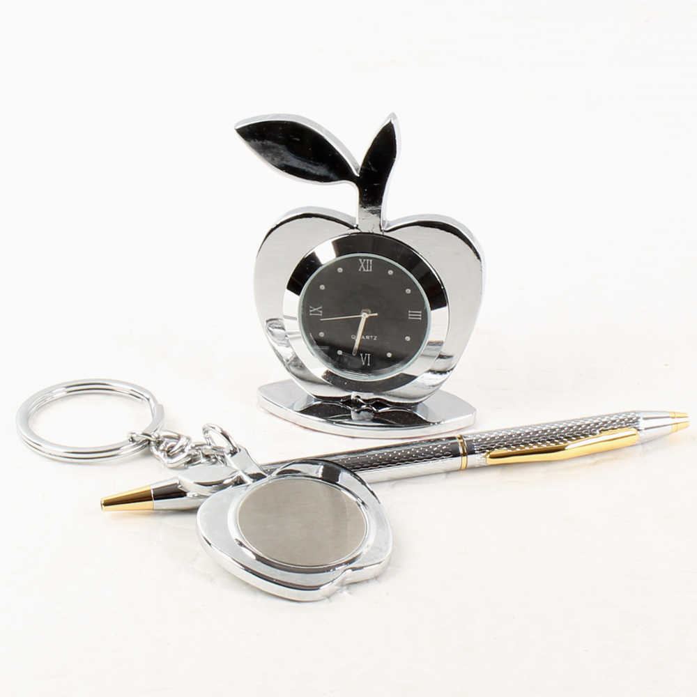 Silver Plated Pen and Keychain With Apple Shaped Clock