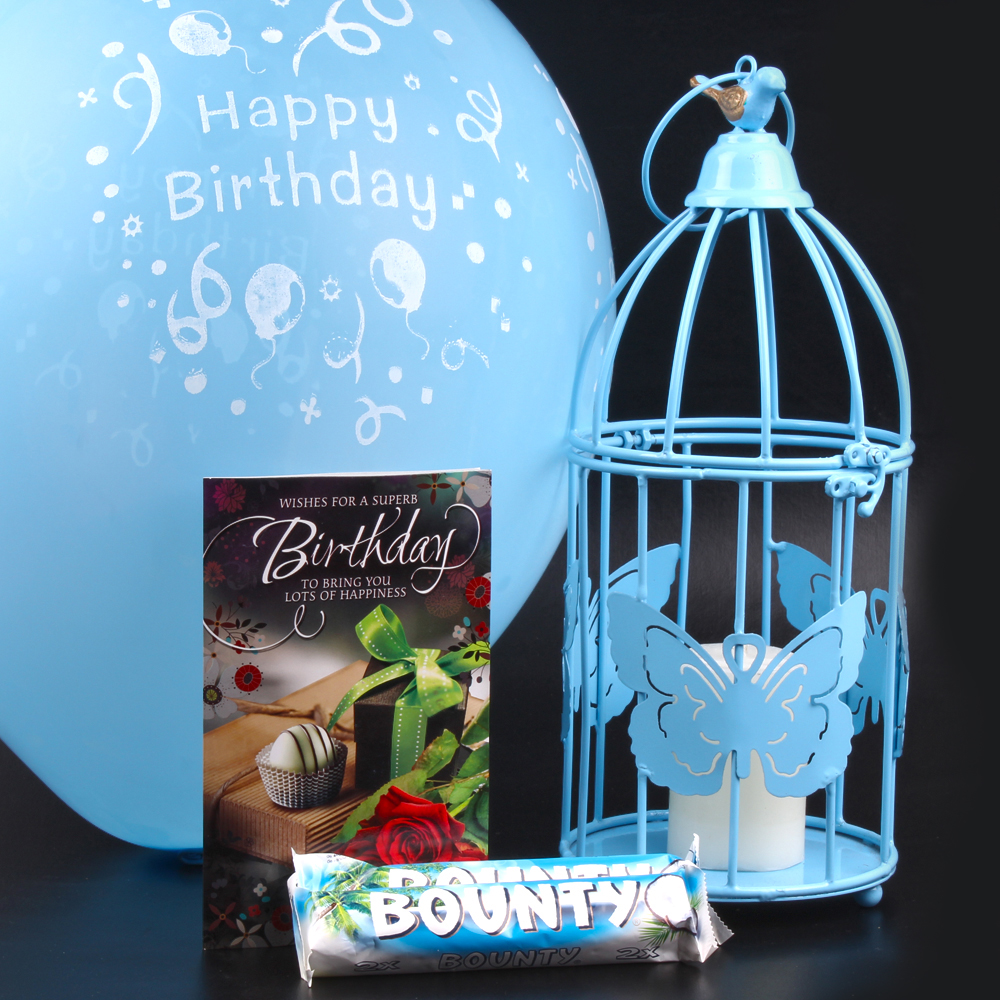 Birthday Combo of Blue Bird Cage and Bounty Chocolates with Birthday Card and Ballon along with Candle