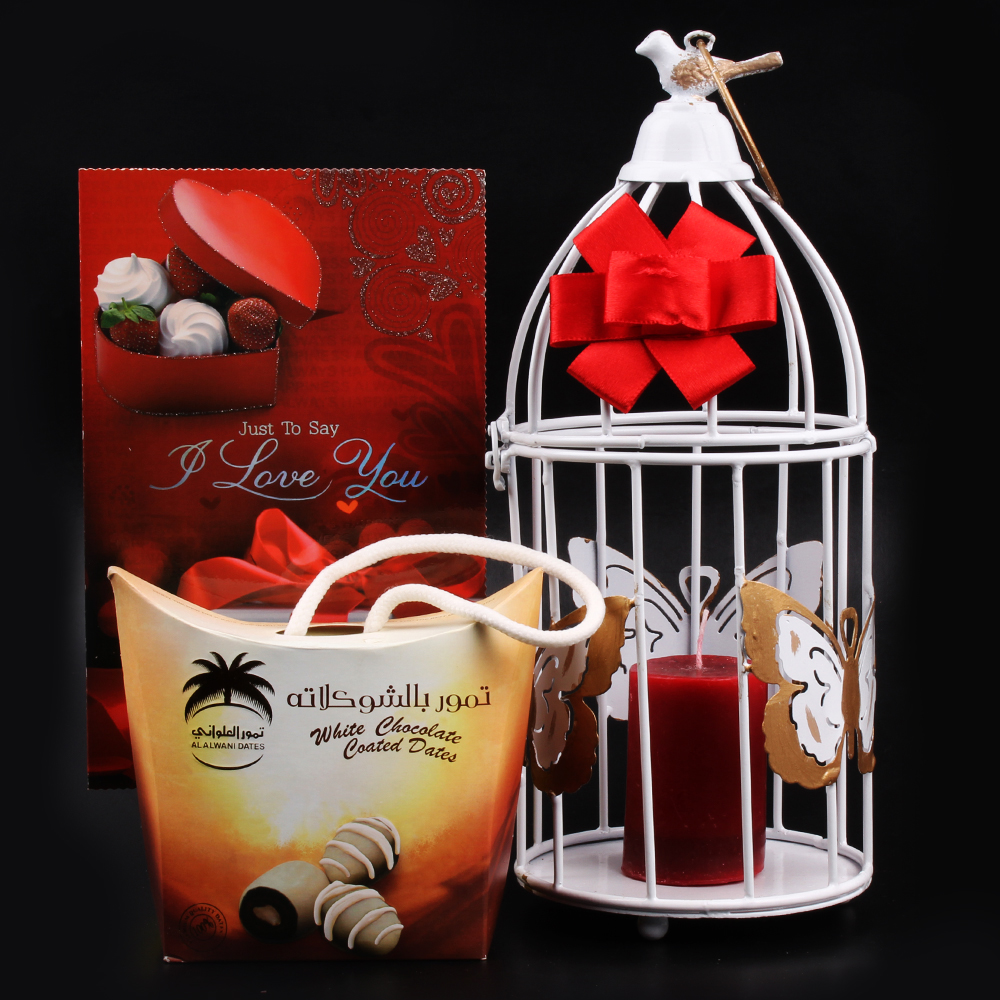 Combo of White Bird Cage with White Chocolate Coated Date included Candle and I Love You Card