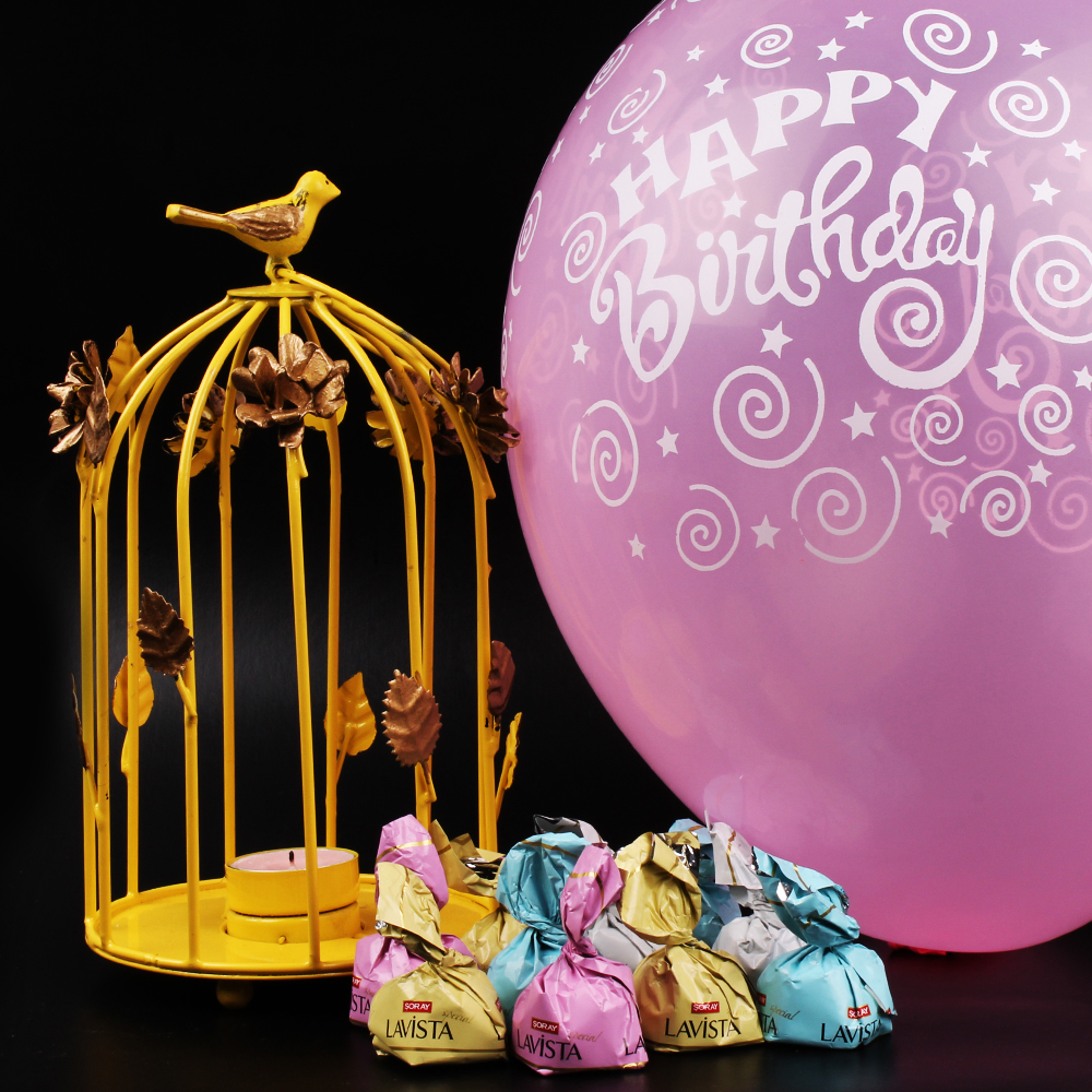 Happy Birthday Gift of Dom Shape Bird Cage with Birthday Ballon and Lavista Chocolate