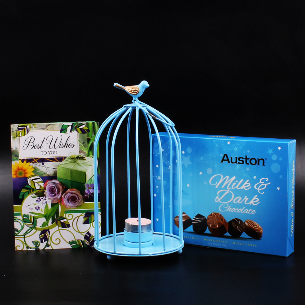 Dom Shape Bird Cage with Auston Chocolate and Best Wishes Greeting Card