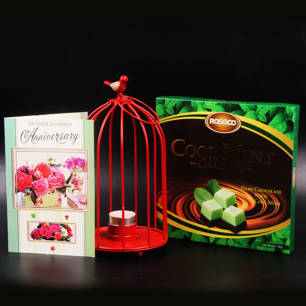 Anniversary Hamper of Red Dom Shape Bird Cage with Rossco Cool Mint Chocolate and Greeting Card