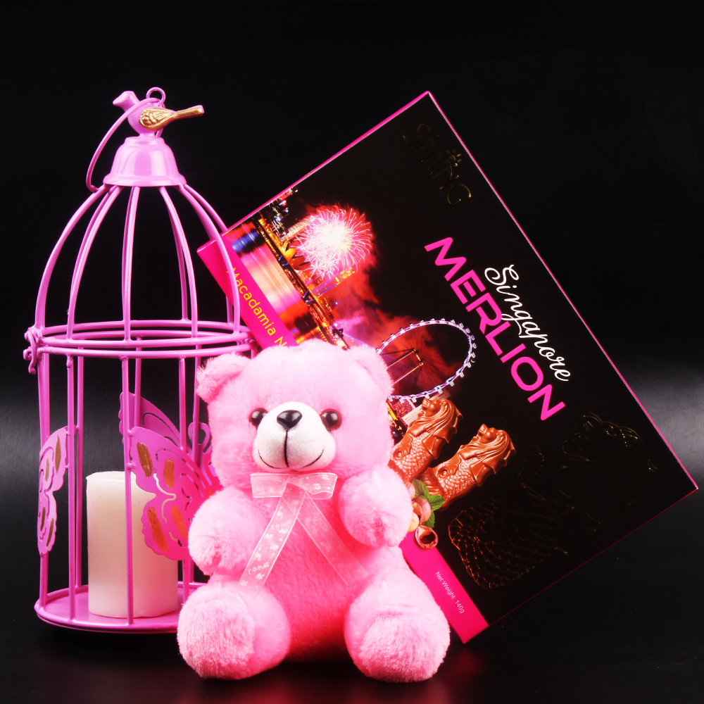 Perfect Pink Gift Combo of Bird Cage with Merlion Chocolate and Teddy Bear