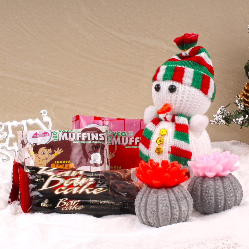 Snowman with Floral Candles and Small Christmas Bar Cakes