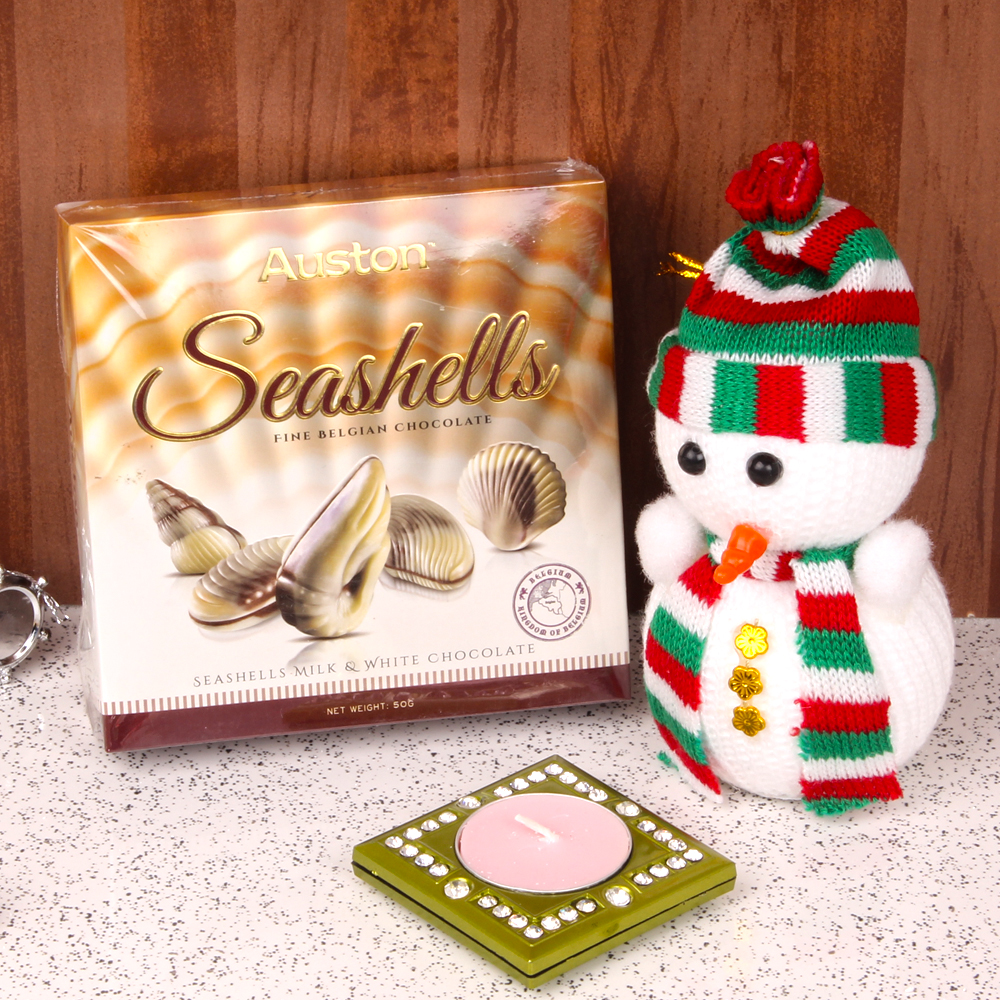 Snowman with Seashells Chocolates and Xmas Candle Combo