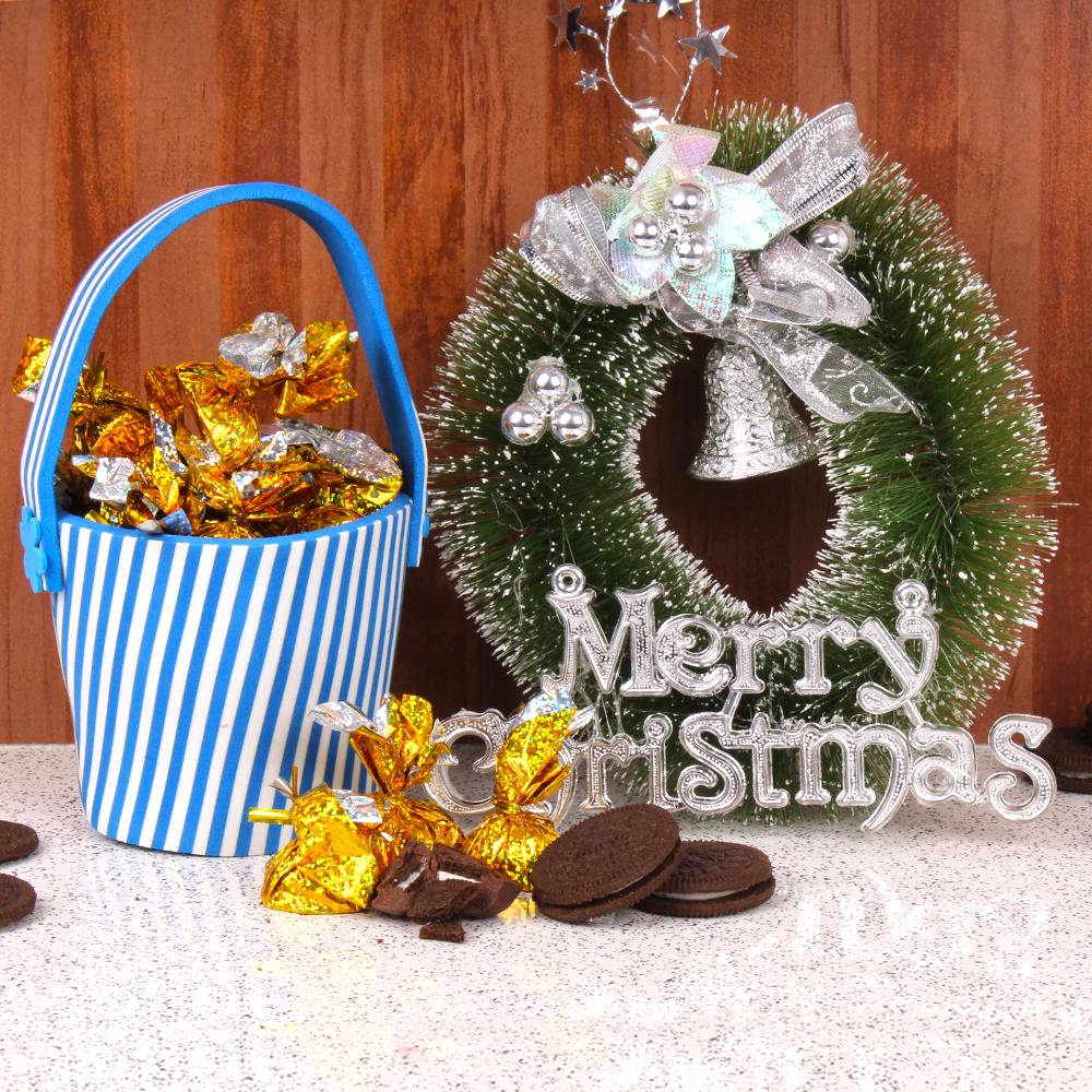 Xmas Bucket of Biscuit Stuffed Chocolates with Artificial Wreath