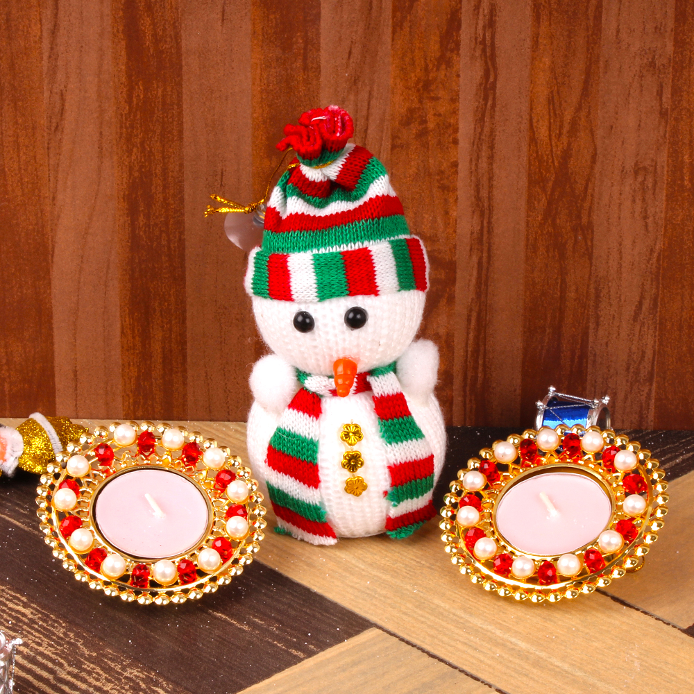 Wollen Snowman with Decorated Tea Light Candles