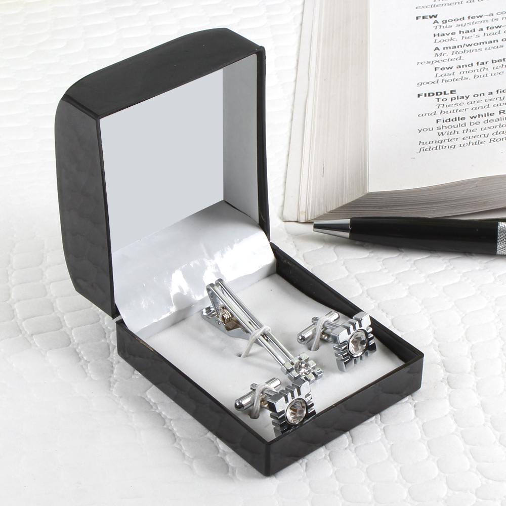 Shiny Silver with Stone Cufflinks with Tie Pin