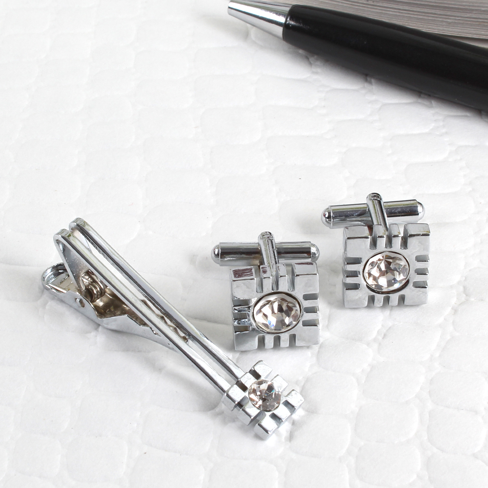 Shiny Silver with Stone Cufflinks with Tie Pin