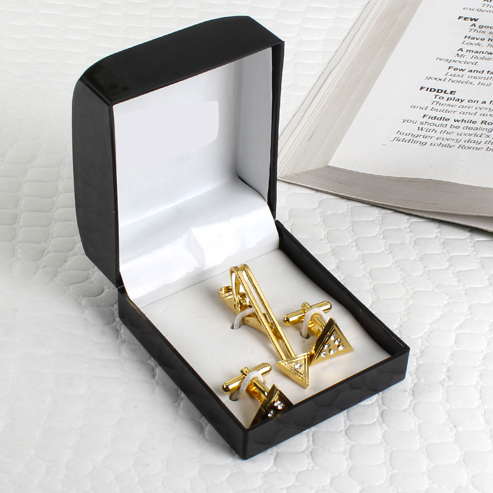 Golden Crystal Pyramid Cufflinks with Tie Pin
