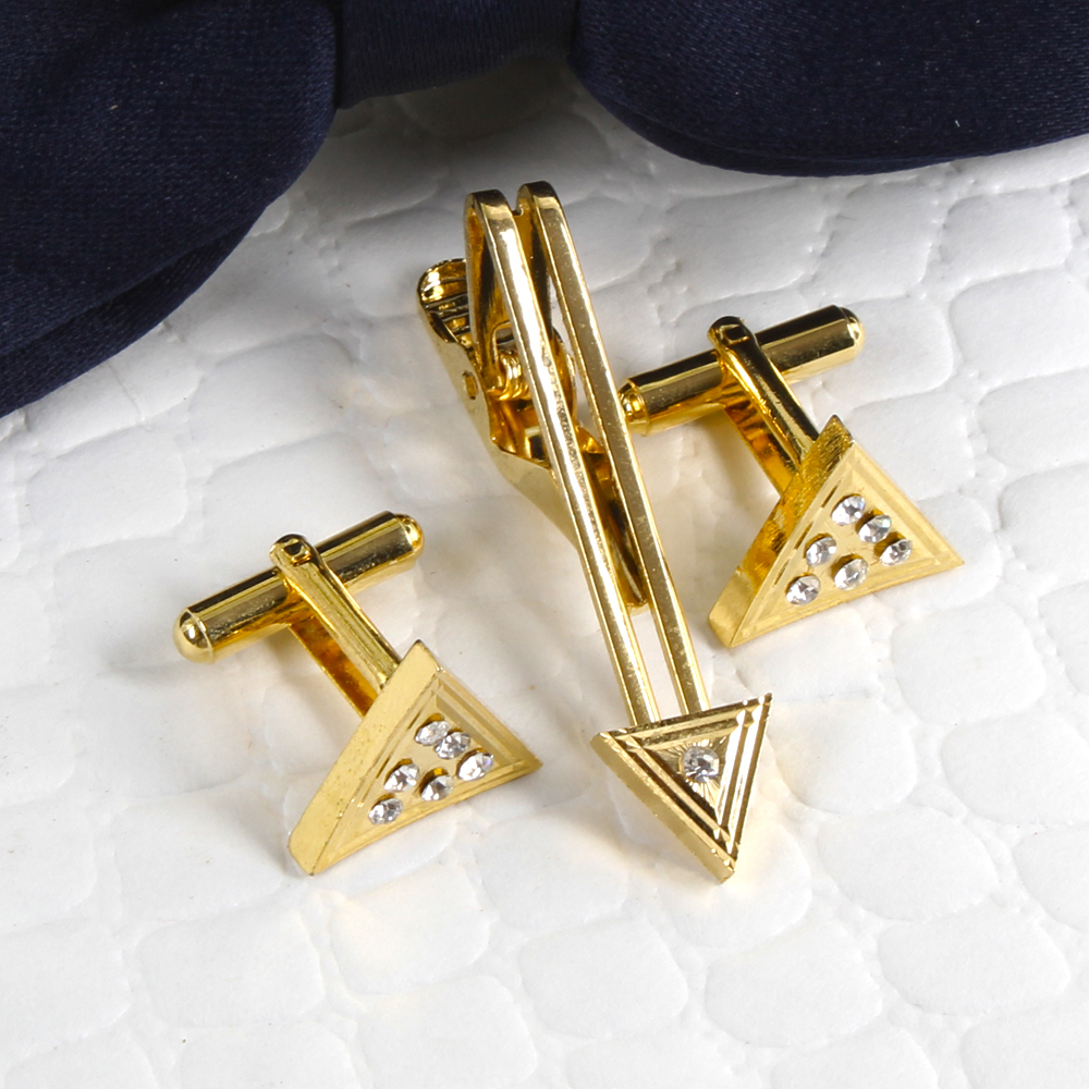 Golden Crystal Pyramid Cufflinks with Tie Pin