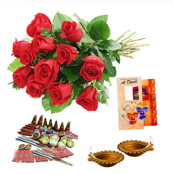 Diwali Diya and Crackers with Red Roses Bouquet