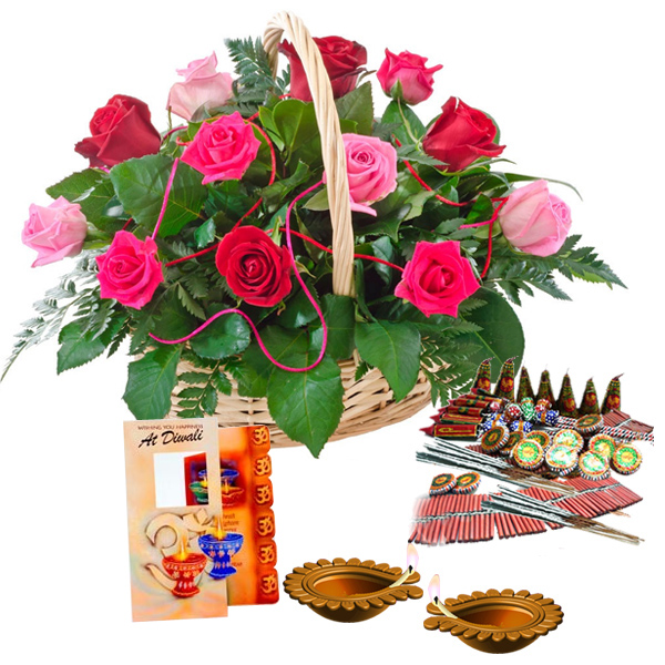 Diwali Greeting Card and Crackers with Basket of Roses