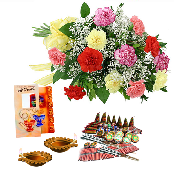 Diwali Hamper of Carnations with Fire crackers and Card