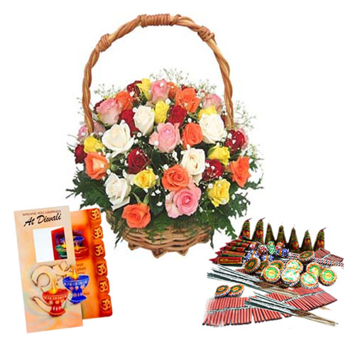 Fire Cracker and Diwali Greeting Card with Basket of Colorful Roses