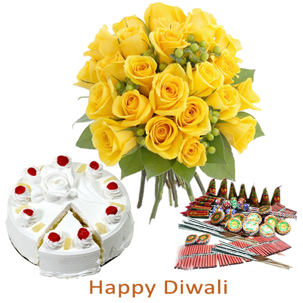 Diwali Firecracker with Pineapple Cake and Yellow Roses