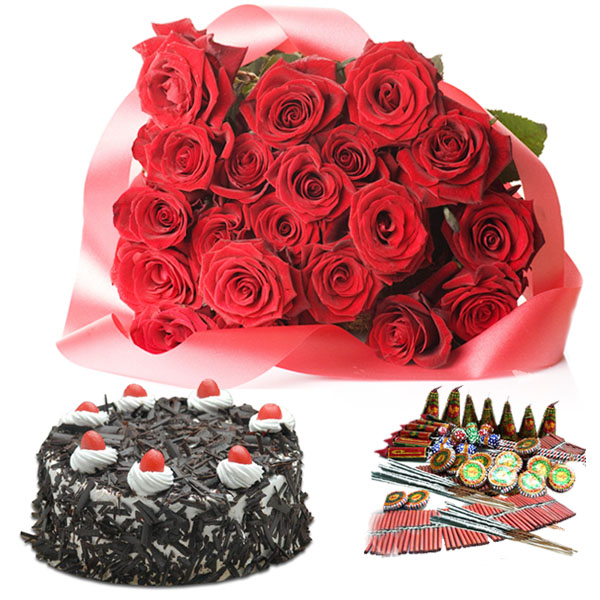 Diwali Hamper of Roses and Cake with Crackers