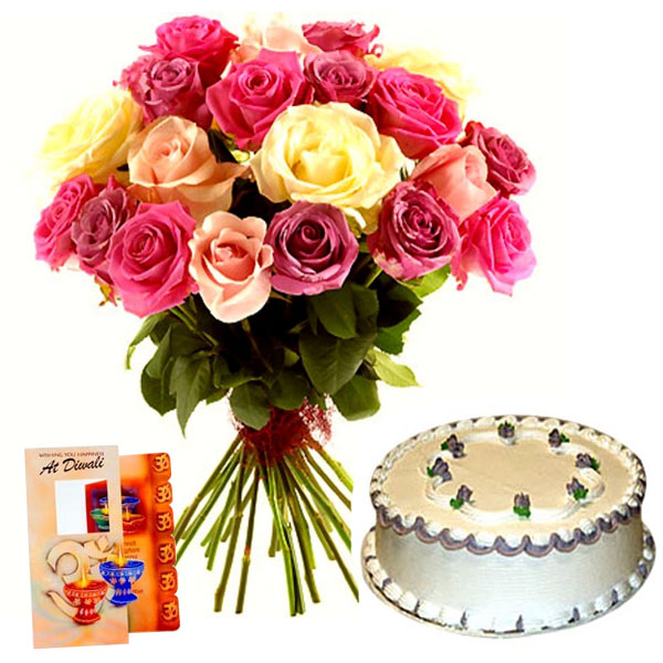 Diwali Present of Vanilla Cake with Roses and Card