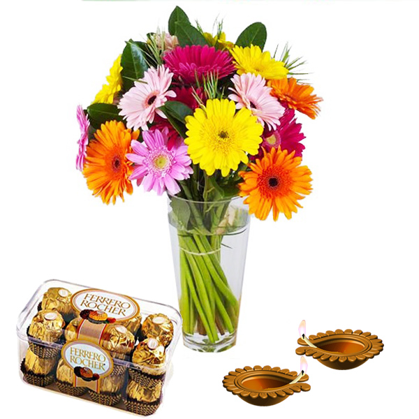 Diwali Diya and Colorful Gerberas with Ferrero Rocher Chocolates