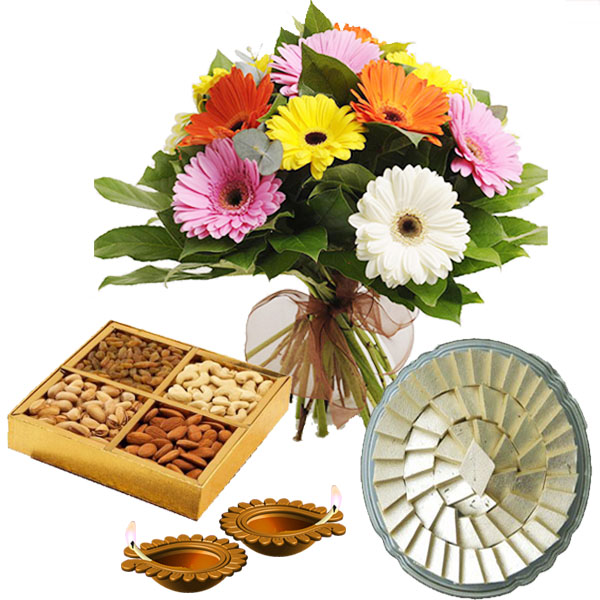 Diwali Diya with Box of Kaju Katli and Dry Fruits and Fresh Gerberas Bunch