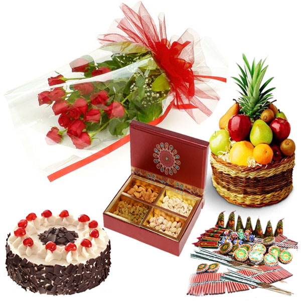 Roses Cake Fresh Fruits Dry Fruits and Diwali Cracker Combo