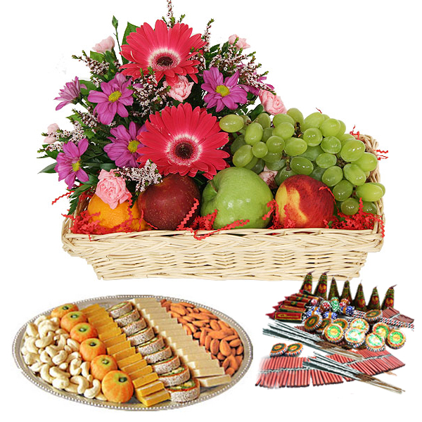 Diwali Crackers and Fresh Fruit with Flowers Combo
